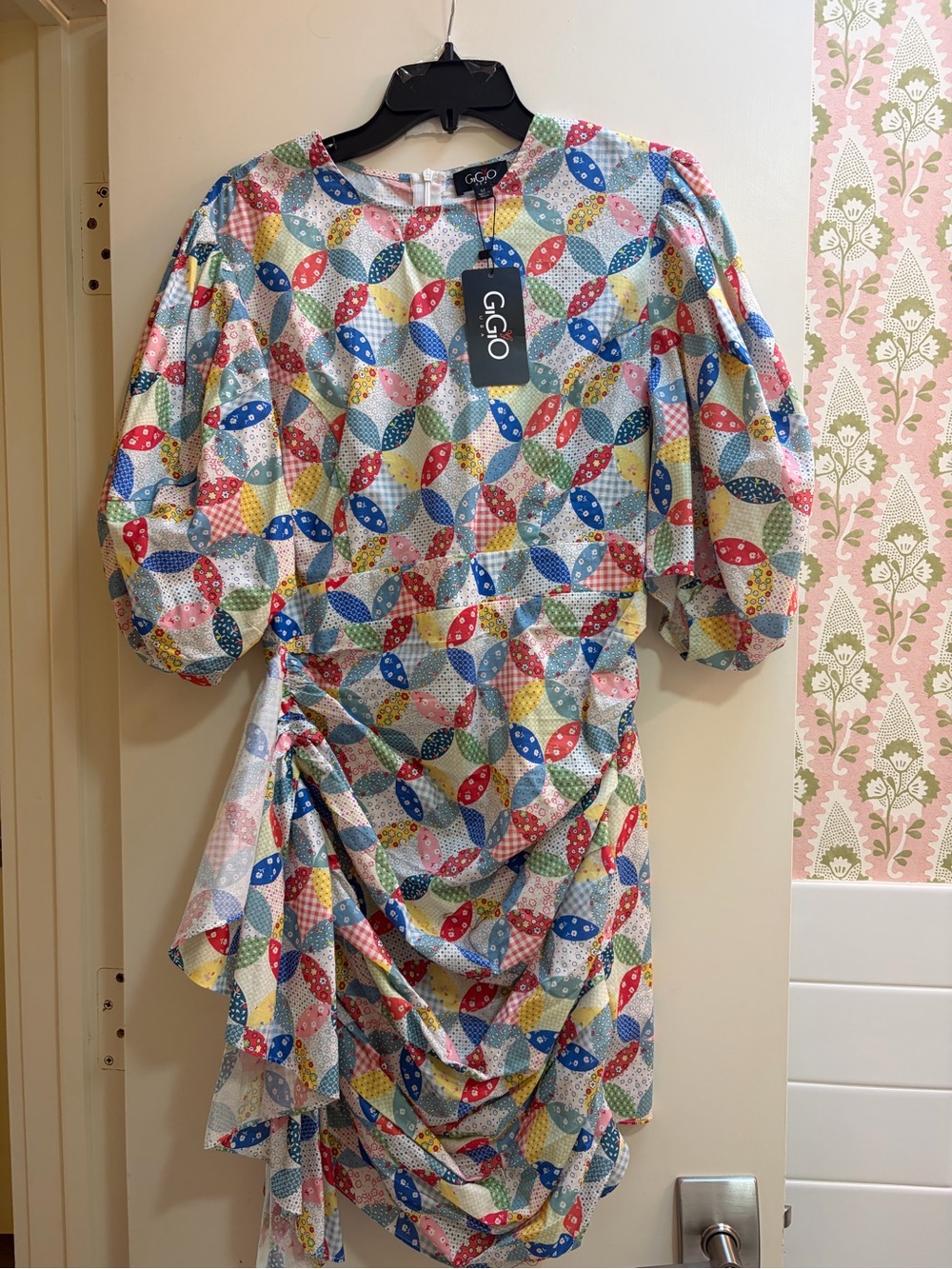 Girls Multicolor Patterned Puff-Sleeve Dress